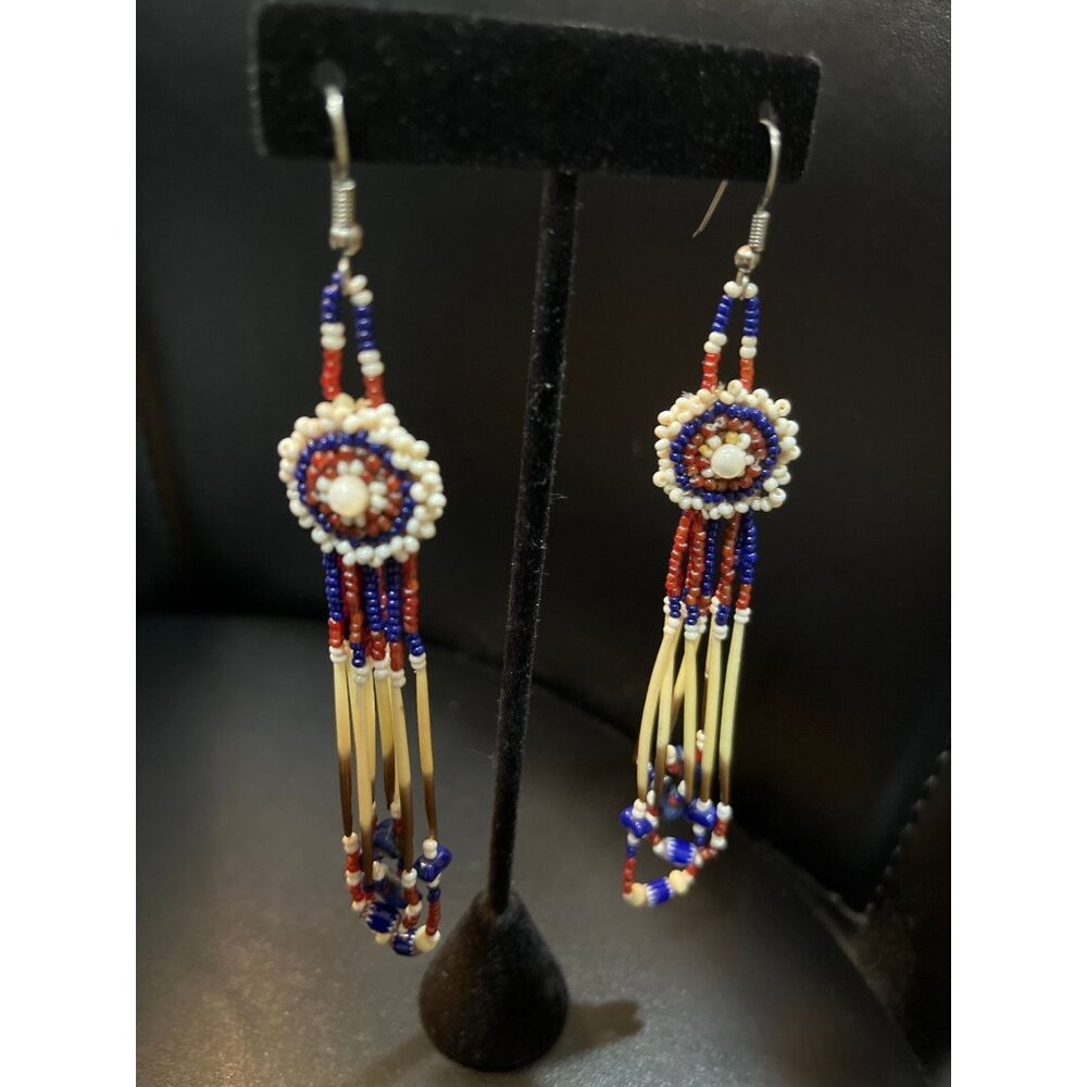Vtg 1970's Dangle Earrings Circle Made Of Trade Beads & Porcupine Quills